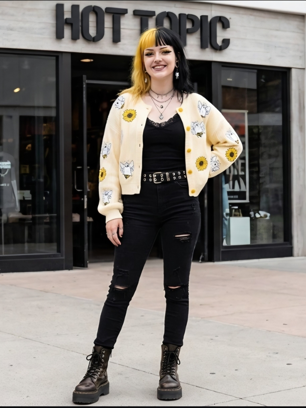 Thorn & Fable Hot Topic Ghost Bees Crop Cardigan Cream Yellow - Size LG